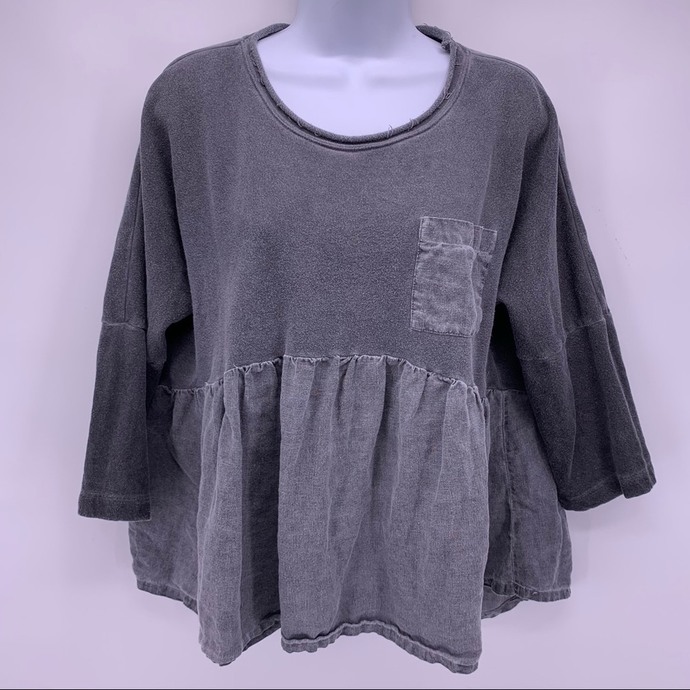 Anthro Postage Stamp Gray 3/4 Sleeve Peplum Top